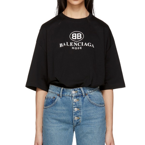 バレンシアガ ロゴTシャツ コピー 18SS BALENCIAGA オーバーサイズ 黒 'BB Mode'のプリント＆ロゴ リブジャージーネックライン