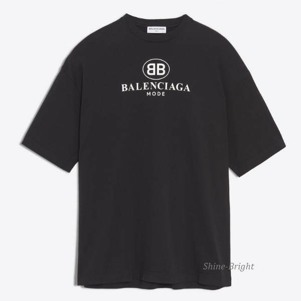 バレンシアガ ロゴTシャツ コピー 18SS BALENCIAGA オーバーサイズ 黒 'BB Mode'のプリント＆ロゴ リブジャージーネックライン
