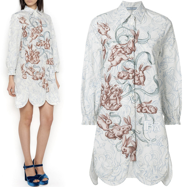 プラダ ラビット ワンピース p430c 1qk f0384 rabbit & lily printed shirt dress with tulip hem スーパーコピー