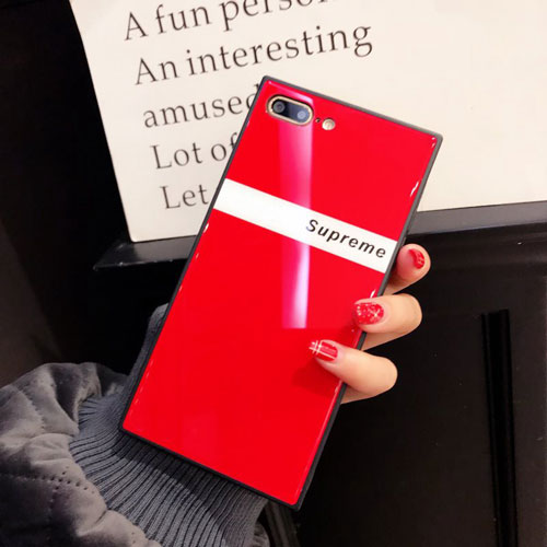 シュプリーム iphone テン/xケース 潮流ブランド アイフォン 8/7 plusカバー オシャレガラス表面 赤黒 激安
