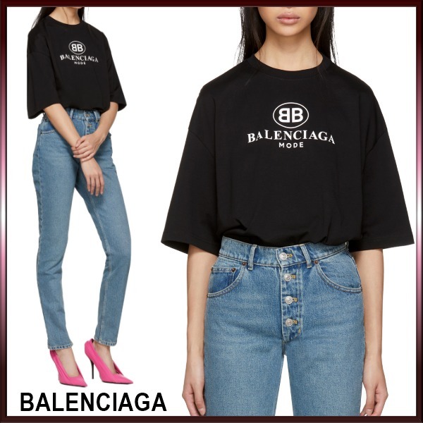 バレンシアガ t シャツ コピー 18SS BALENCIAGA オーバーサイズ 黒 'BB Mode'のプリント＆ロゴ リブジャージーネックライン